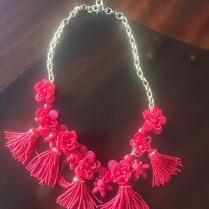 J. Crew Hot Pink Floral Tassel Statement Necklace